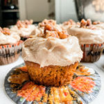 Pumpkin Cupcakes with Browned Butter Cream Cheese Frosting and Candied Pecans